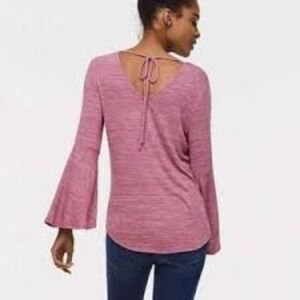 LOFT Space Dye Double V Top Bell Sleeve M Knit Tie Back Open Back Stretch Soft